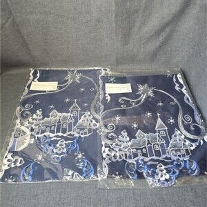 2 Christmas Town Table Runners Embroidered Churches Ice Blue Snowy 64x13"